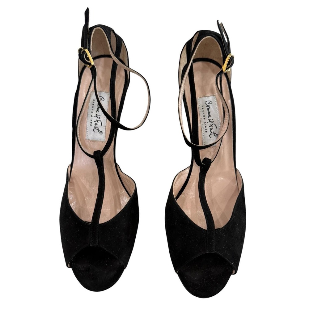 Comme il Faut Black Suede T-Strap Peep Toe Tango Heels Women Size 9.5 Argentina
